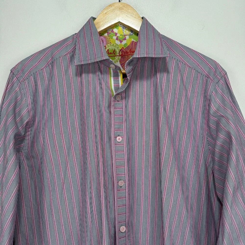 Robert Graham Flip Cuff Button Shirt Men Medium Gray Pink Striped Cotton Floral - Picture 2 of 11